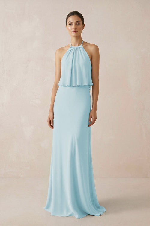 Halter Sheath Ruffled Chiffon Bridesmaid Dress in Sky Blue - SHE IS ME Bridesmaid Dresses