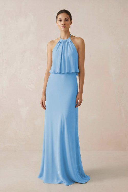 Halter Sheath Ruffled Chiffon Bridesmaid Dress in Steel Blue - SHE IS ME Bridesmaid Dresses