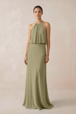 Halter Sheath Ruffled Chiffon Bridesmaid Dress in Thyme - SHE IS ME Bridesmaid Dresses