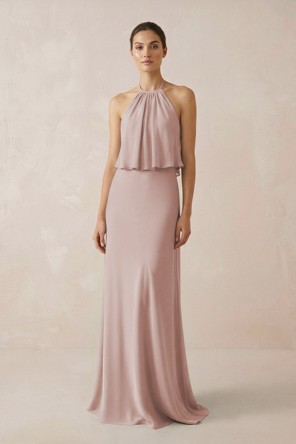 Halter Sheath Ruffled Chiffon Bridesmaid Dress in Toffee - SHE IS ME Bridesmaid Dresses