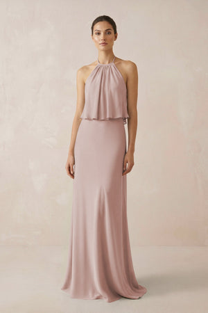 Halter Sheath Ruffled Chiffon Bridesmaid Dress in Toffee - SHE IS ME Bridesmaid Dresses