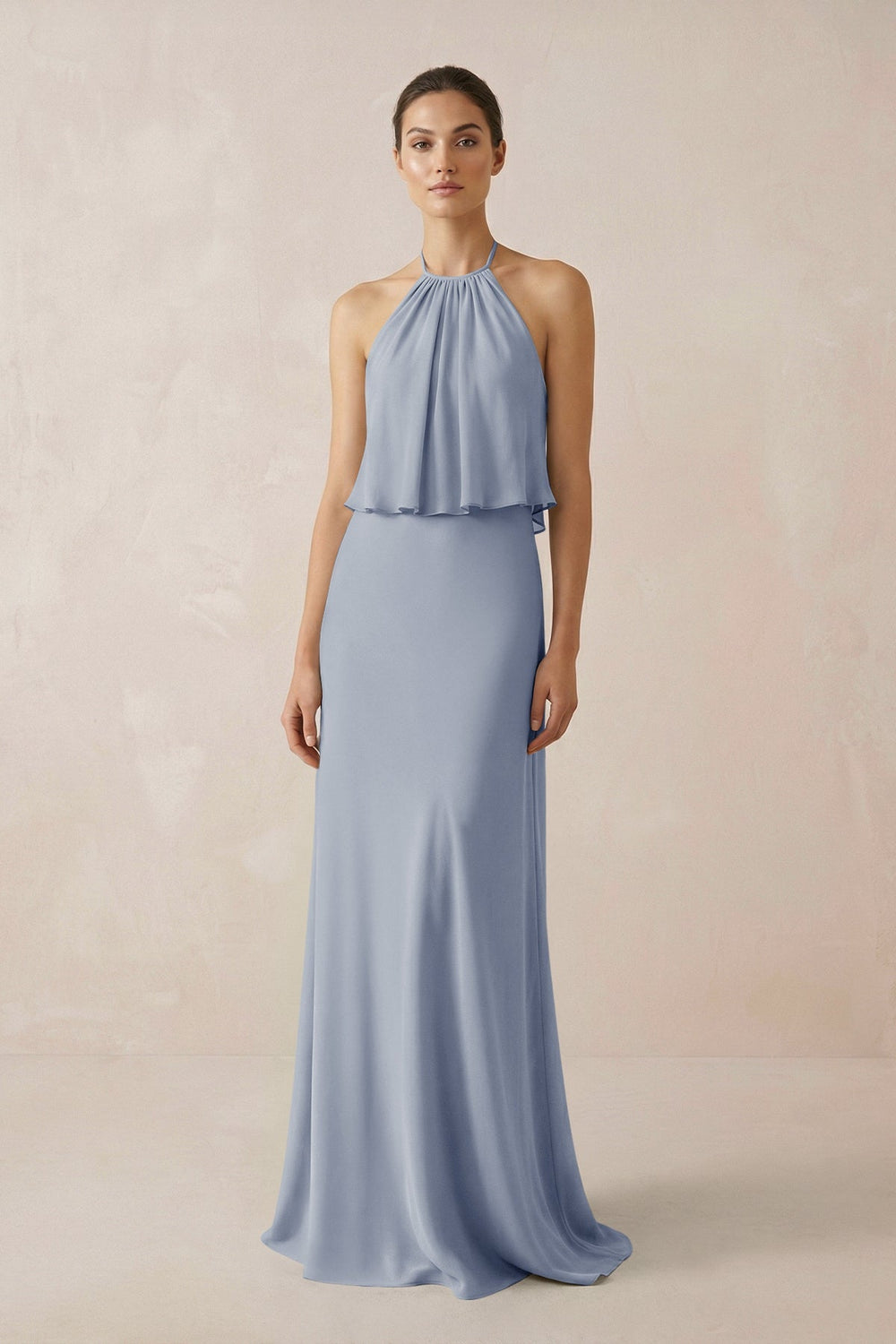 Halter Sheath Ruffled Chiffon Bridesmaid Dress in Twilight - SHE IS ME Bridesmaid Dresses