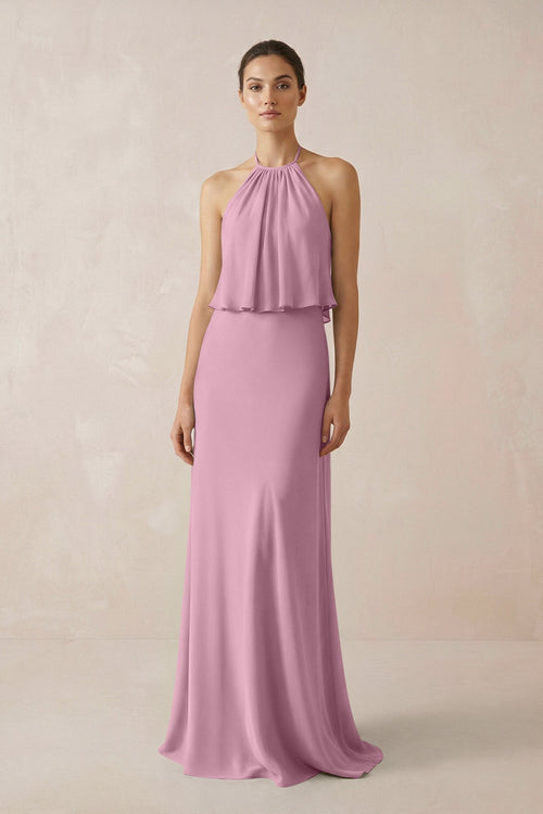 Halter Sheath Ruffled Chiffon Bridesmaid Dress in Vintage Mauve - SHE IS ME Bridesmaid Dresses