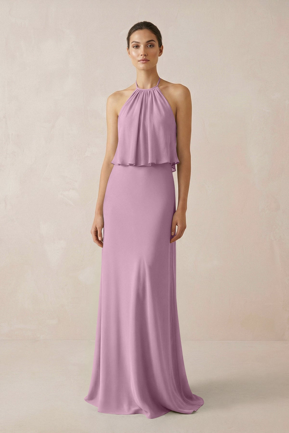 Halter Sheath Ruffled Chiffon Bridesmaid Dress in Wisteria - SHE IS ME Bridesmaid Dresses