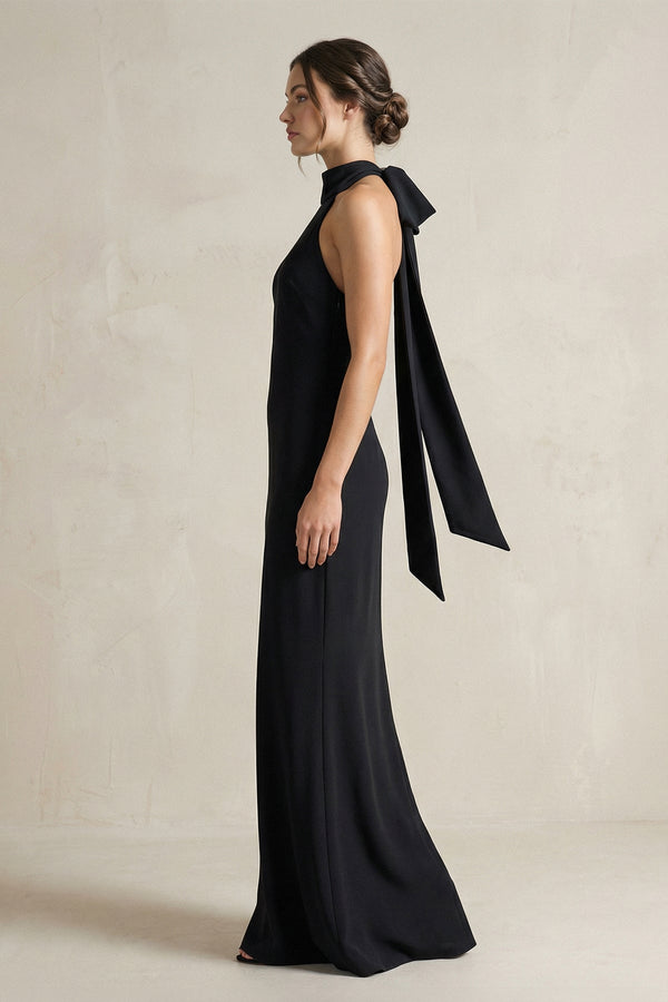 Halter Sheath Satin Bridesmaid Dress With Bow in Black - SHE IS ME Bridesmaid Dresses