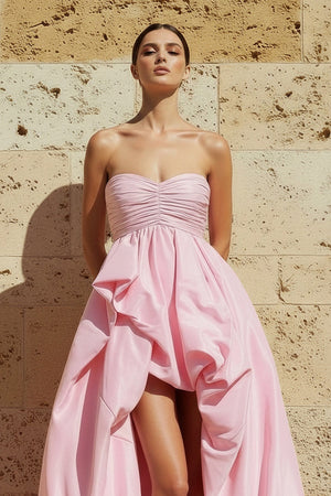High - Low Ruched Strapless Gown in Pink - SHE IS ME