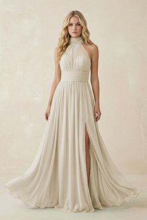 Illusion Halter A - Line Chiffon Bridesmaid Gown in Dove Gray - SHE IS ME Bridesmaid Dresses