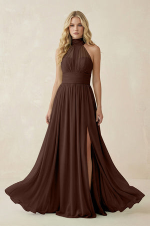 Illusion Halter A - Line Chiffon Bridesmaid Gown in Espresso - SHE IS ME Bridesmaid Dresses