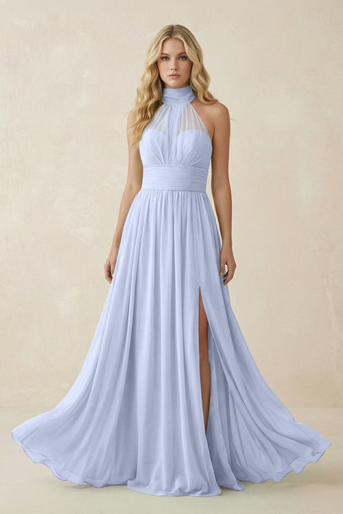 Illusion Halter A - Line Chiffon Bridesmaid Gown in Ice - SHE IS ME Bridesmaid Dresses