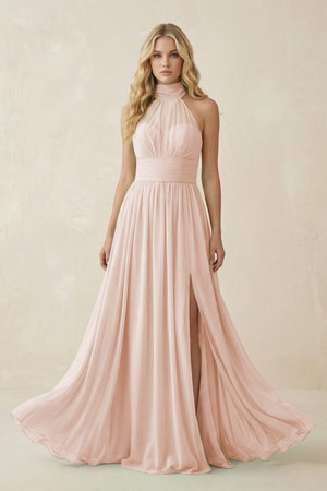 Illusion Halter A - Line Chiffon Bridesmaid Gown in Pale Blush - SHE IS ME Bridesmaid Dresses