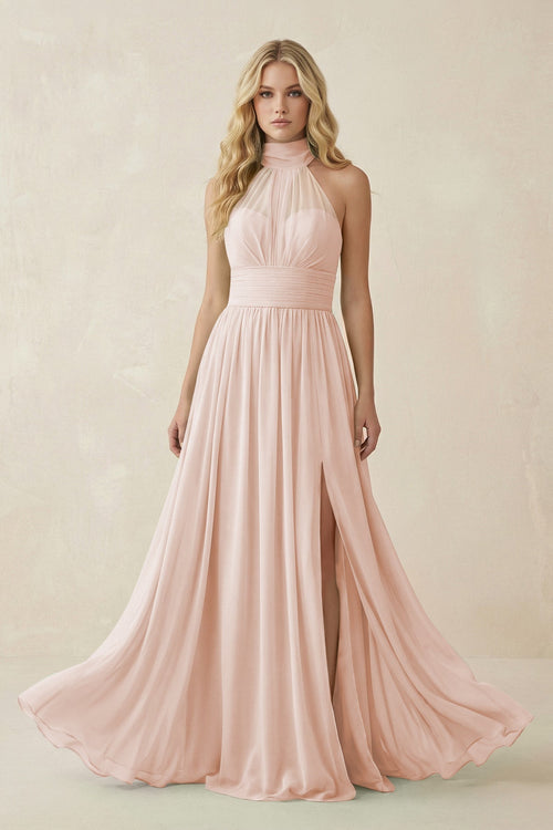 Illusion Halter A - Line Chiffon Bridesmaid Gown in Pale Blush - SHE IS ME Bridesmaid Dresses