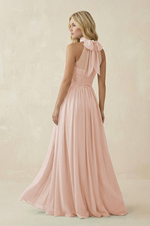 Illusion Halter A - Line Chiffon Bridesmaid Gown in Pale Blush - SHE IS ME Bridesmaid Dresses