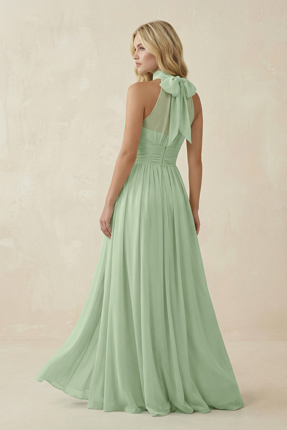Illusion Halter A - Line Chiffon Bridesmaid Gown in Sage - SHE IS ME Bridesmaid Dresses