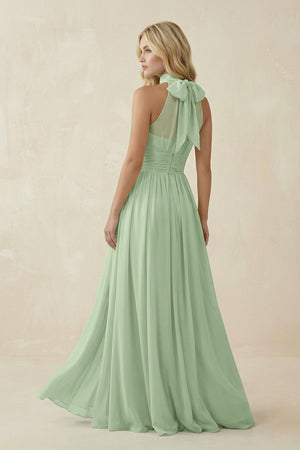 Illusion Halter A - Line Chiffon Bridesmaid Gown in Sage - SHE IS ME Bridesmaid Dresses