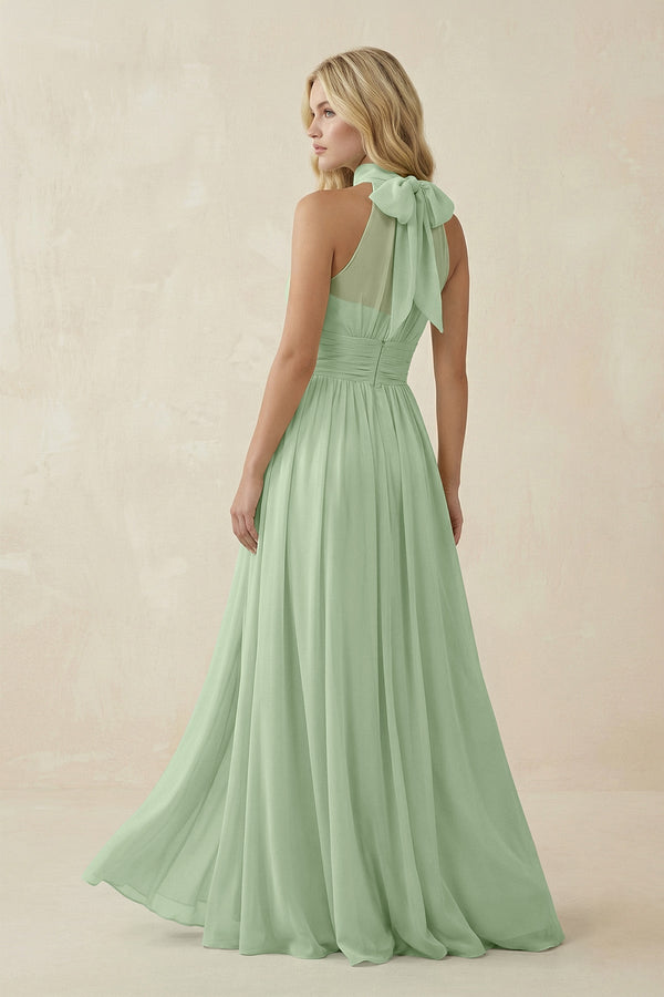 Illusion Halter A - Line Chiffon Bridesmaid Gown in Sage - SHE IS ME Bridesmaid Dresses
