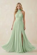 Illusion Halter A - Line Chiffon Bridesmaid Gown in Sage - SHE IS ME Bridesmaid Dresses