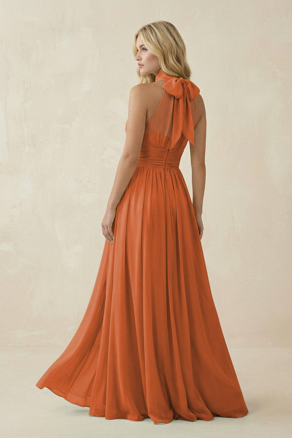 Illusion Halter A - Line Chiffon Bridesmaid Gown in Terracotta - SHE IS ME Bridesmaid Dresses