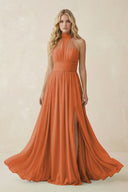 Illusion Halter A - Line Chiffon Bridesmaid Gown in Terracotta - SHE IS ME Bridesmaid Dresses