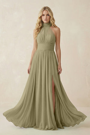 Illusion Halter A - Line Chiffon Bridesmaid Gown in Thyme - SHE IS ME Bridesmaid Dresses
