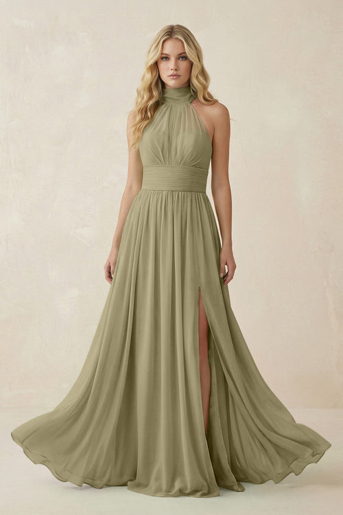 Illusion Halter A - Line Chiffon Bridesmaid Gown in Thyme - SHE IS ME Bridesmaid Dresses