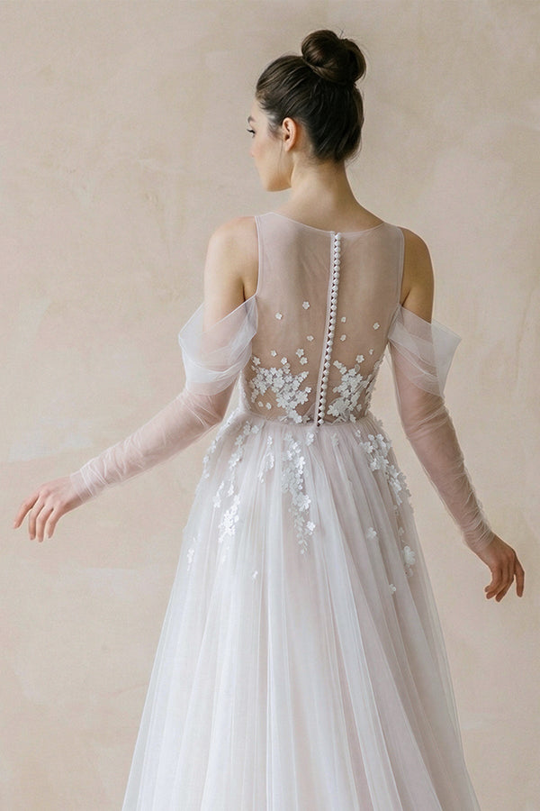 Illusion Long Sleeve A - Line Tulle Wedding Dress - SHE IS ME Wedding Dresses