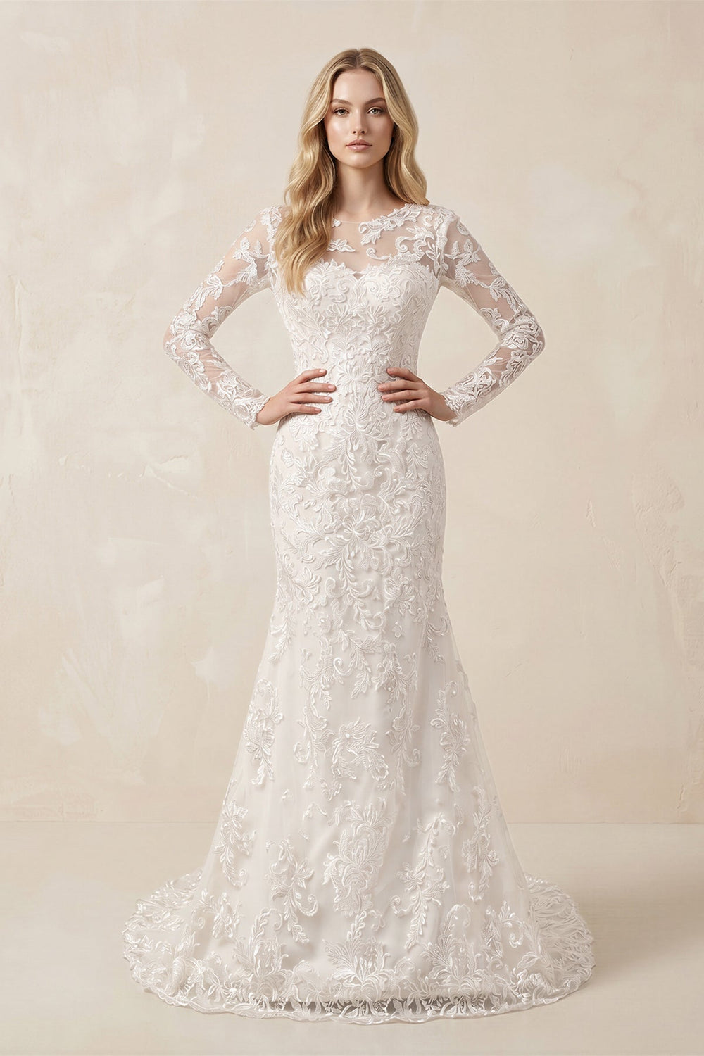 Illusion Neck Mermaid Lace Appliqued Wedding Dress in Ivory - SHE IS ME Wedding Dresses