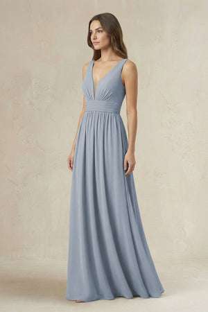 Illusion V - Neck A - Line Ruched Bridesmaid Dress in Twilight - SHE IS ME Bridesmaid Dresses