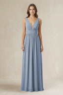 Illusion V - Neck A - Line Ruched Bridesmaid Dress in Twilight - SHE IS ME Bridesmaid Dresses