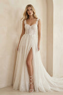 Ivory Glitter Tulle A - Line Wedding Dress with Slit - SHE IS ME Wedding Dresses