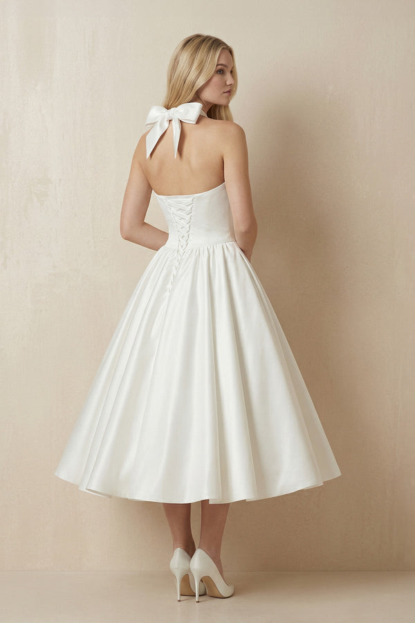 Ivory Halter Satin A - Line Midi Wedding Dress with Bow - SHE IS ME Wedding Dresses