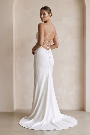 Ivory Satin Mermaid Lace - up Back Wedding Dress in White - SHE IS ME Wedding Dresses