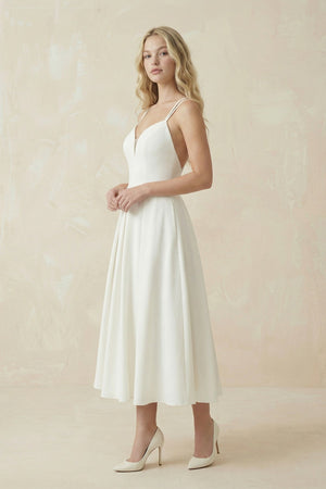 Ivory Satin V - Neck A - Line Midi Wedding Dress - SHE IS ME Wedding Dresses