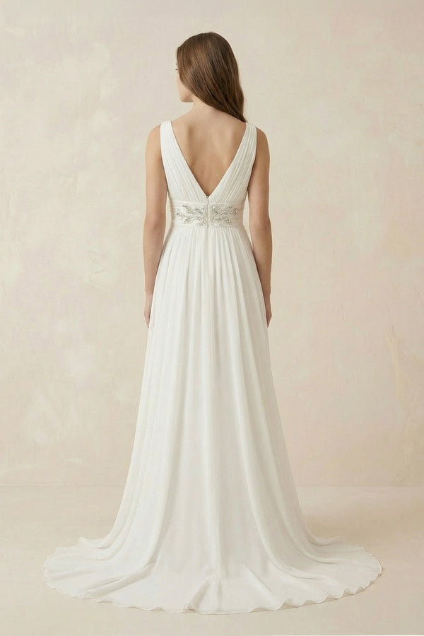 Ivory V - Neck Chiffon A - Line Wedding Dress - SHE IS ME Wedding Dresses
