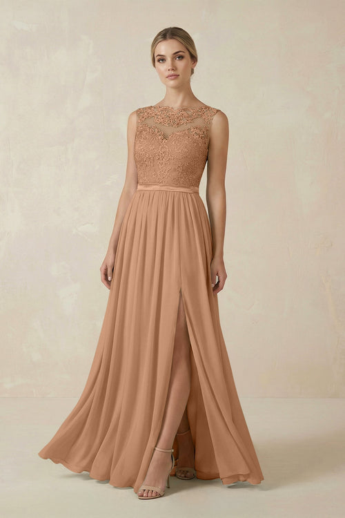 Lace A - Line Bateau Neck Chiffon Long Bridesmaid Dress in Bronzer - SHE IS ME Bridesmaid Dresses