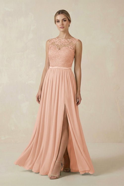 Lace A - Line Bateau Neck Chiffon Long Bridesmaid Dress in English Rose - SHE IS ME Bridesmaid Dresses