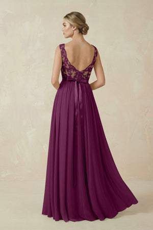 Lace A - Line Bateau Neck Chiffon Long Bridesmaid Dress in Fig - SHE IS ME Bridesmaid Dresses