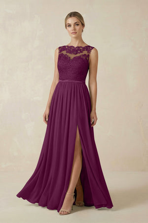 Lace A - Line Bateau Neck Chiffon Long Bridesmaid Dress in Fig - SHE IS ME Bridesmaid Dresses