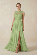 Lace A - Line Bateau Neck Chiffon Long Bridesmaid Dress in Matcha - SHE IS ME Bridesmaid Dresses
