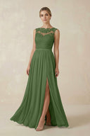 Lace A - Line Bateau Neck Chiffon Long Bridesmaid Dress in Moss - SHE IS ME Bridesmaid Dresses