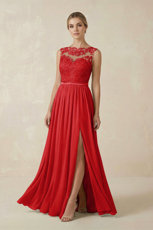 Lace A - Line Bateau Neck Chiffon Long Bridesmaid Dress in Ruby Red - SHE IS ME Bridesmaid Dresses