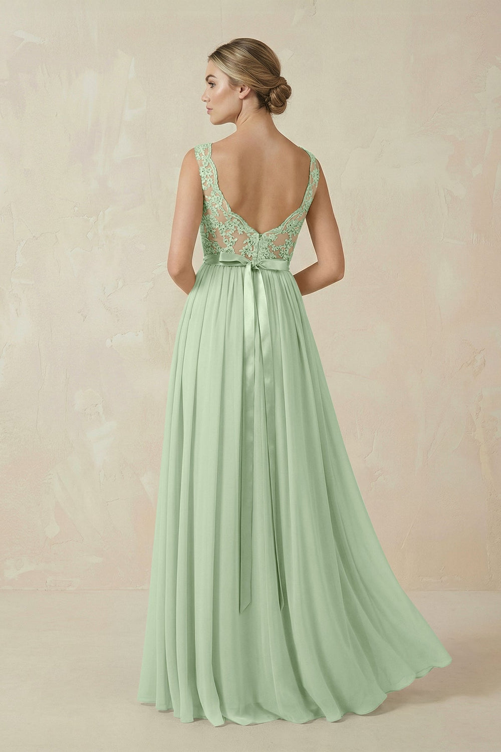 Lace A - Line Bateau Neck Chiffon Long Bridesmaid Dress in Sage - SHE IS ME Bridesmaid Dresses
