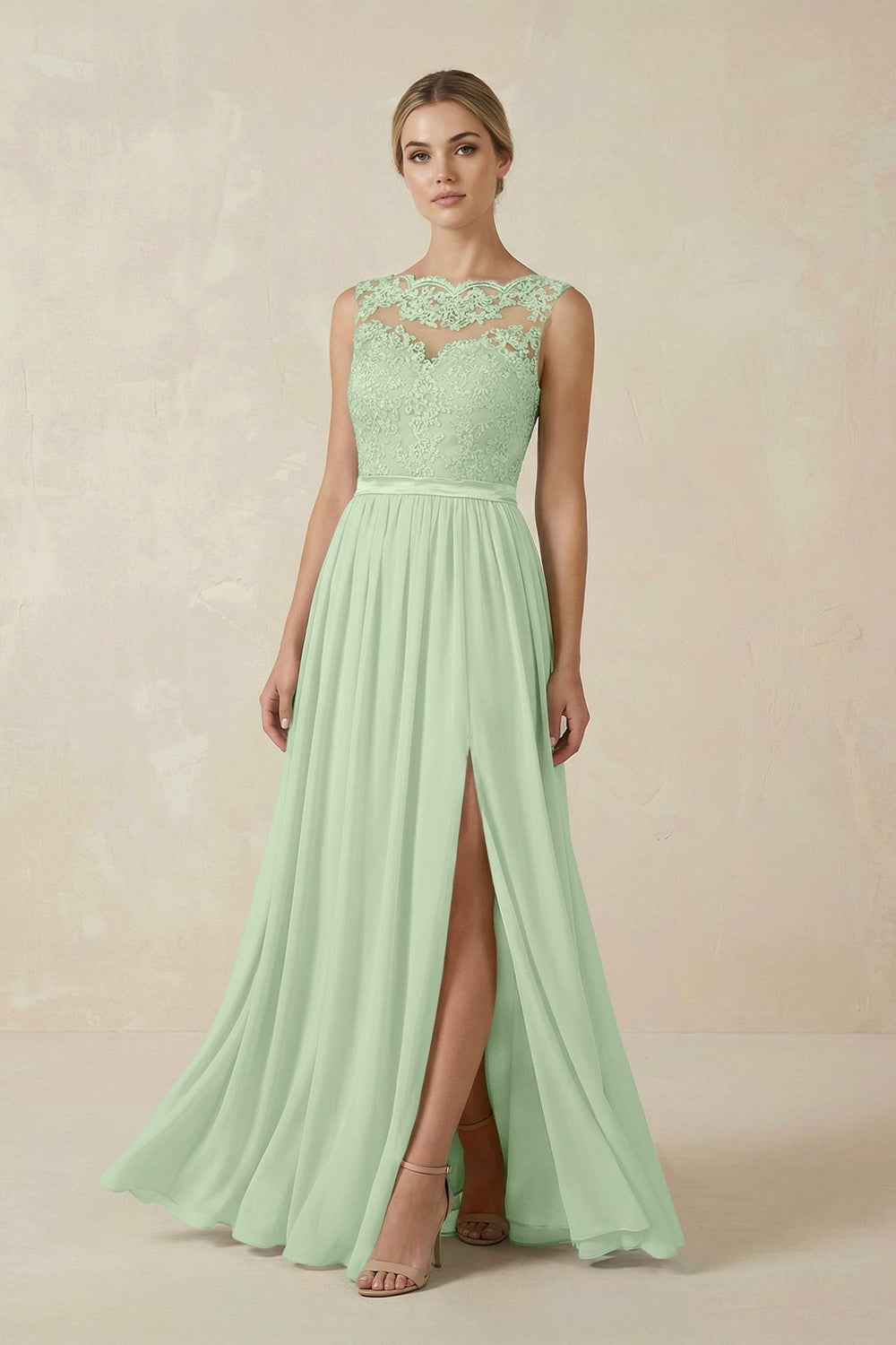 Lace A - Line Bateau Neck Chiffon Long Bridesmaid Dress in Sage - SHE IS ME Bridesmaid Dresses