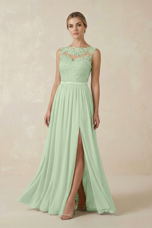 Lace A - Line Bateau Neck Chiffon Long Bridesmaid Dress in Sage - SHE IS ME Bridesmaid Dresses