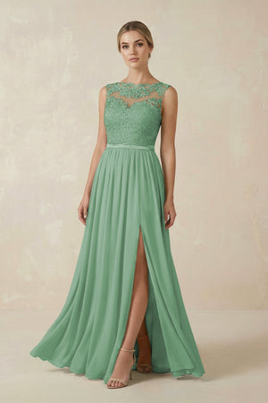 Lace A - Line Bateau Neck Chiffon Long Bridesmaid Dress in Sea Glass - SHE IS ME Bridesmaid Dresses