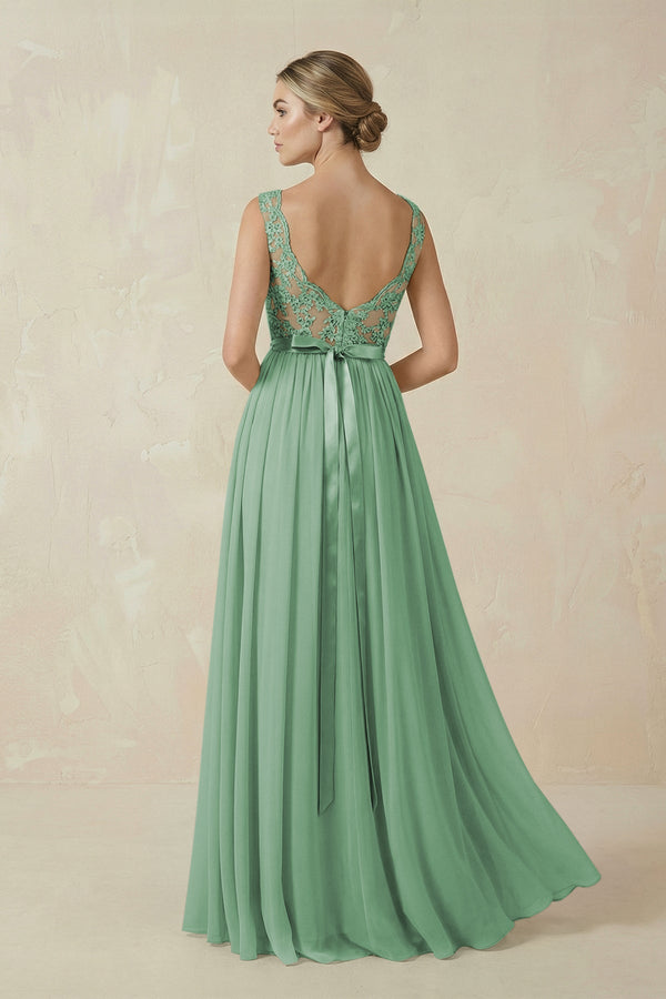 Lace A - Line Bateau Neck Chiffon Long Bridesmaid Dress in Sea Glass - SHE IS ME Bridesmaid Dresses