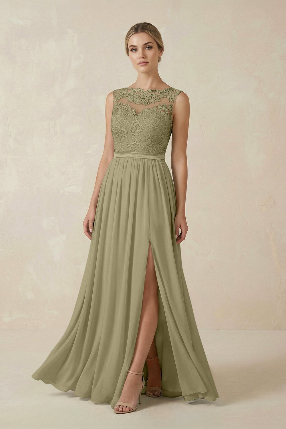 Lace A - Line Bateau Neck Chiffon Long Bridesmaid Dress in Thyme - SHE IS ME Bridesmaid Dresses