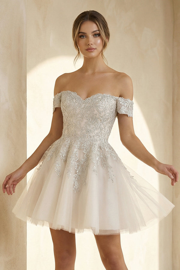 Lace Appliques A - Line Mini Wedding Dress in Ivory - SHE IS ME Wedding Dresses