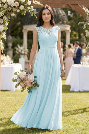Lace Chiffon A-Line Round Neck Bridesmaid Dress in Sky Blue - SHE IS ME BRIDESMAID DRESSES
