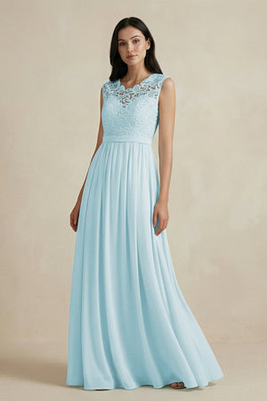Lace Chiffon A-Line Round Neck Bridesmaid Dress in Sky Blue - SHE IS ME BRIDESMAID DRESSES