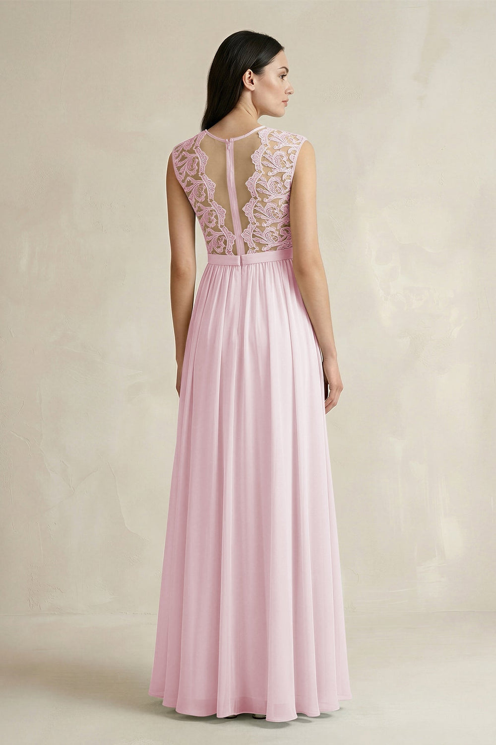 Lace Chiffon A - Line Round Neck Bridesmaid Dress in Candy Pink - SHE IS ME Bridesmaid Dresses